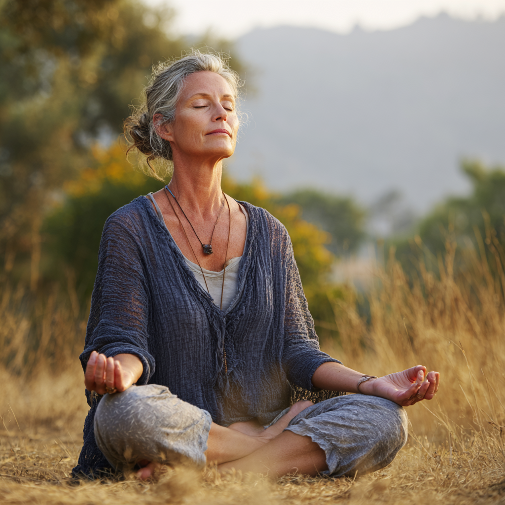 mature woman practicing gentle yoga poses in serene natural setting