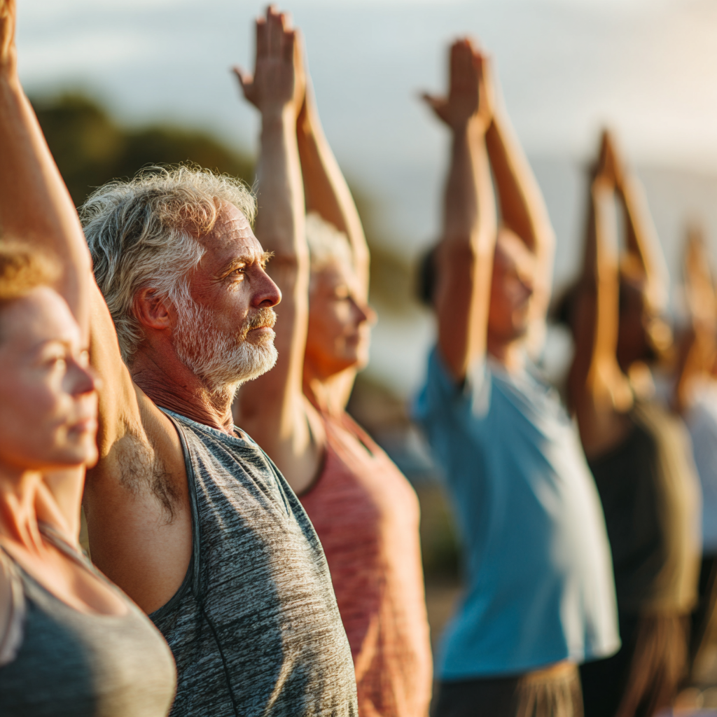 middle-aged adults participating in group yoga session outdoors