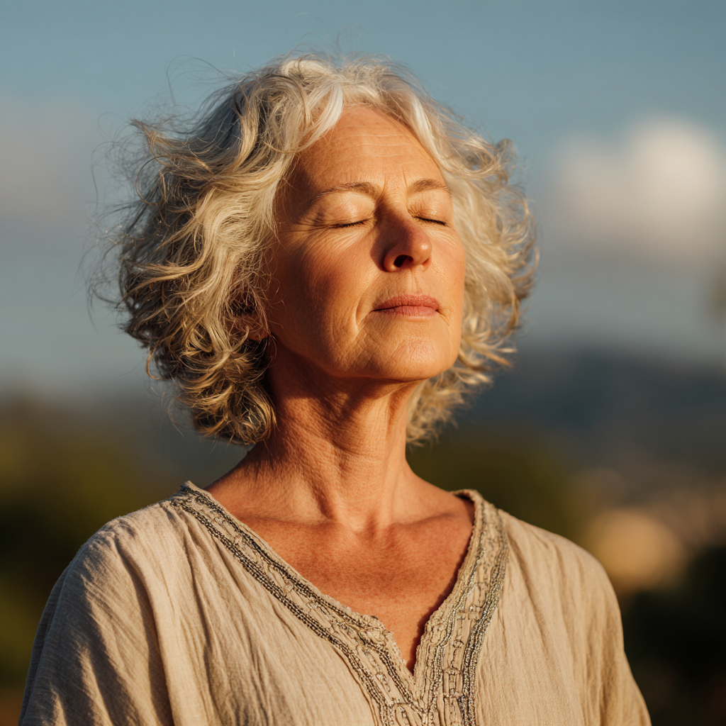 senior woman meditating peacefully in natural environment